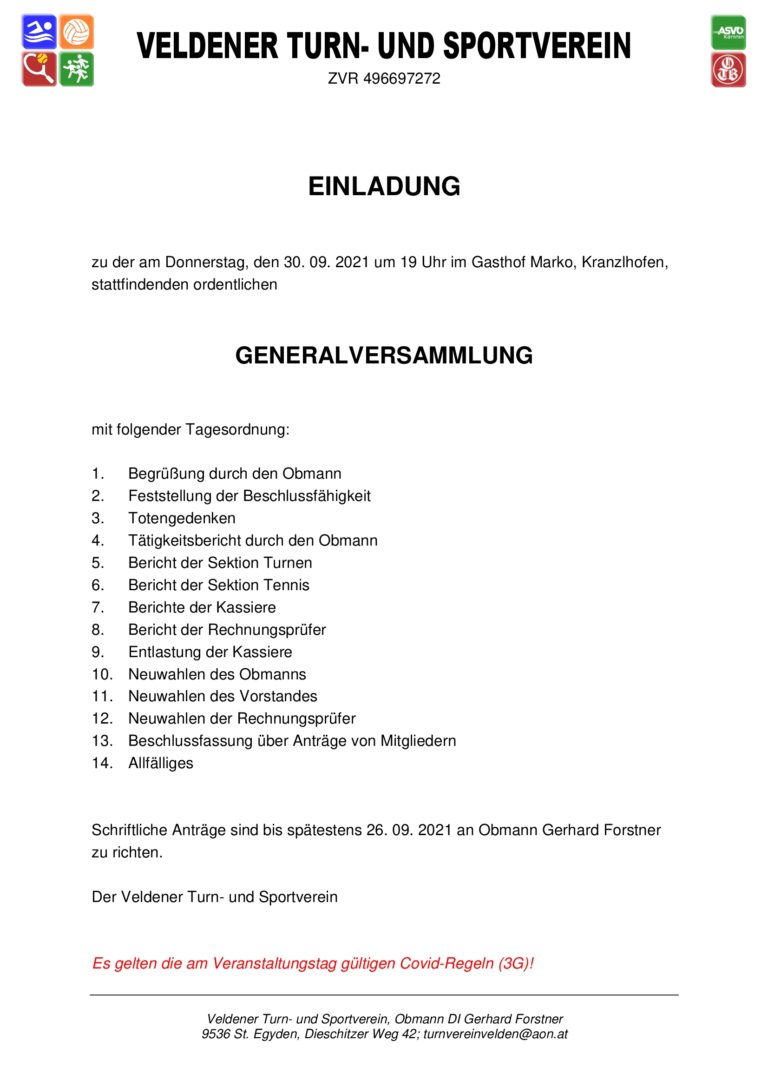 Generalsversammlung des TV Velden am 30.09.2021