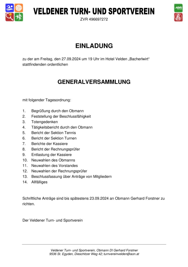 Einladung zur Generalversammlung des TV Velden